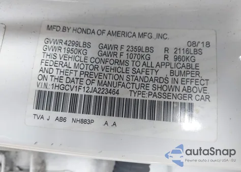 2018 Honda Accord Lx z USA, uszkodzony, nr VIN 1HGCV1F12JA223464